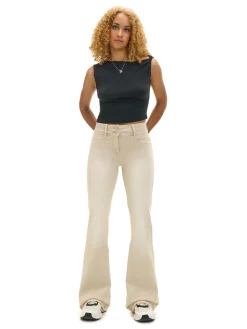 Cropp Spodnie*Beżowe spodnie flare z efektem sprania beżowy