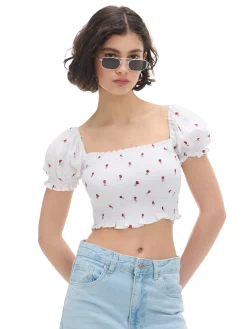 Cropp Koszule, Bluzki*Biała bluzka crop top w kwiaty biały