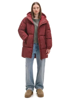 Cropp Kurtki, Płaszcze*Bordowy pikowany płaszcz z kapturem kasztanowy