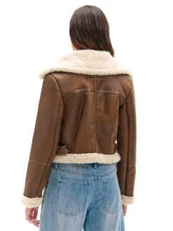 Cropp Kurtki, Płaszcze|Kożuszki, Futerka*Brązowa kurtka biker z kożuchem beżowy