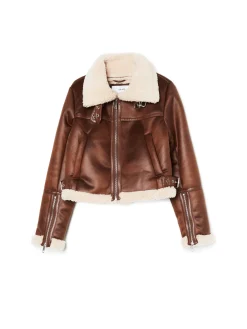 Cropp Kurtki, Płaszcze|Kożuszki, Futerka*Brązowa kurtka biker z kożuchem beżowy