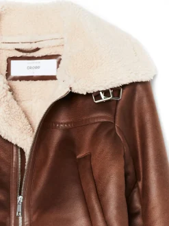 Cropp Kurtki, Płaszcze|Kożuszki, Futerka*Brązowa kurtka biker z kożuchem beżowy