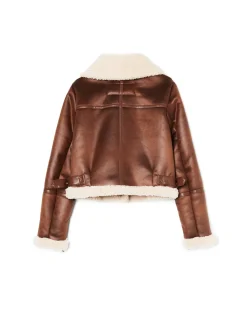 Cropp Kurtki, Płaszcze|Kożuszki, Futerka*Brązowa kurtka biker z kożuchem beżowy
