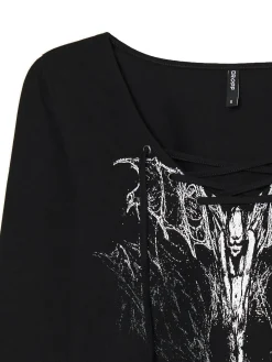 Cropp Koszulki, Topy*Czarna bluzka z wiązaniem i nadrukiem czarny