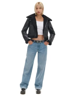 Cropp Kurtki, Płaszcze|Kożuszki, Futerka*Czarna kurtka biker z kożuchem czarny