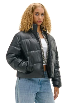 Cropp Kurtki, Płaszcze*Czarna kurtka puffer z efektem skóry czarny