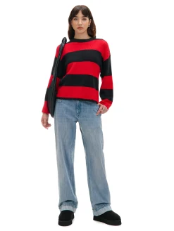 Cropp Swetry*Czarno- sweter w paski czerwony