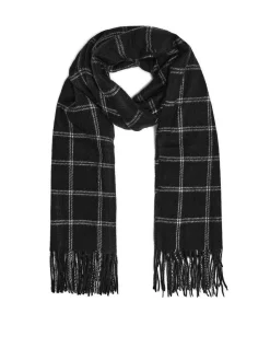 Cropp Szaliki*szalik w kratę z frędzlami czarny
