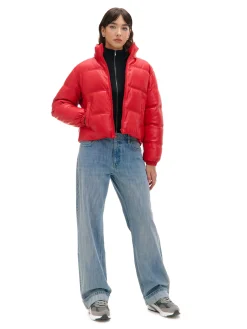 Cropp Kurtki, Płaszcze*Czerwona kurtka puffer z efektem skóry czerwony