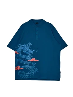Cropp Koszulki*Granatowe polo z printem smoka niebieski