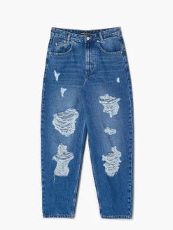 Cropp Jeansy*Jeansy barrel z przetarciami niebieski