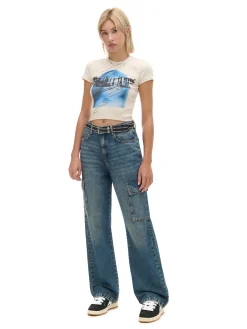 Cropp Koszulki, Topy*Kremowa koszulka z nadrukiem kremowy