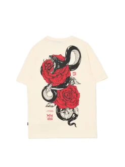 Cropp Koszulki*Kremowa koszulka z nadrukiem czerwonych róż kremowy