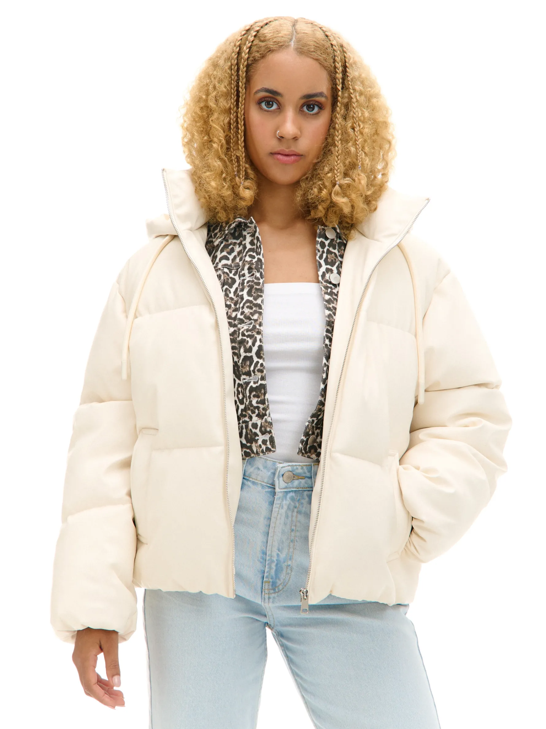 Cropp Kurtki, Płaszcze*Kremowa kurtka puffer z kapturem kremowy