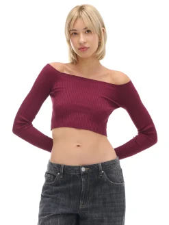 Cropp Swetry*Krótki sweter z odkrytymi ramionami kasztanowy