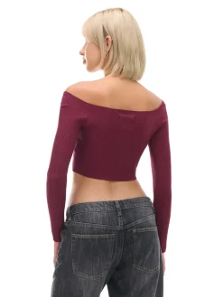 Cropp Swetry*Krótki sweter z odkrytymi ramionami kasztanowy