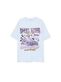 Cropp Koszulki, Topy*Niebieski T-shirt z nadrukiem błękitny