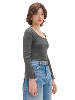 Cropp Koszulki, Topy*Prążkowana szara koszulka longsleeve szary