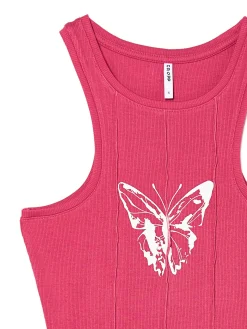Cropp Koszulki, Topy*Różowy top z motylem czerwony