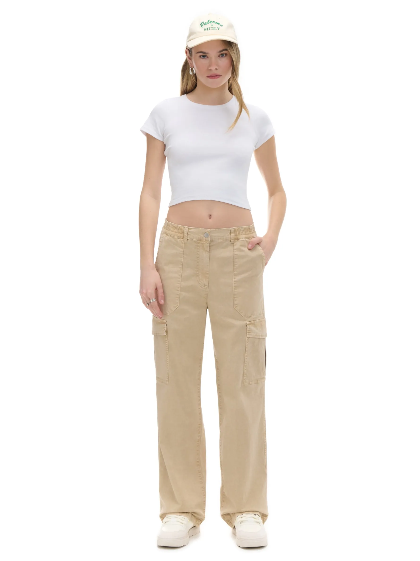 Cropp Spodnie*Spodnie straight z kieszeniami cargo kremowy