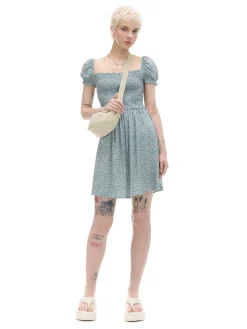 Cropp Sukienki, Kombinezony*Sukienka mini z bufiastymi rękawami i kwiatowym nadrukiem zielony