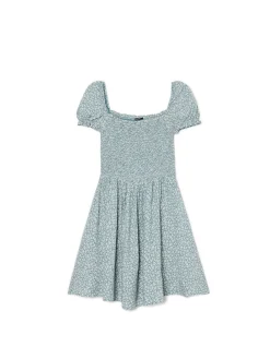 Cropp Sukienki, Kombinezony*Sukienka mini z bufiastymi rękawami i kwiatowym nadrukiem zielony