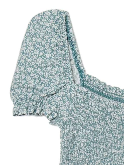 Cropp Sukienki, Kombinezony*Sukienka mini z bufiastymi rękawami i kwiatowym nadrukiem zielony