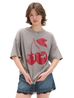 Cropp Koszulki, Topy*T-shirt oversize z wiśniami szary