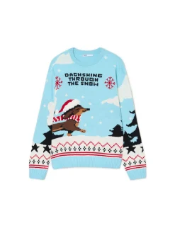 Cropp Ubrania Świąteczne|Swetry*Świąteczny sweter z jamnikiem błękitny